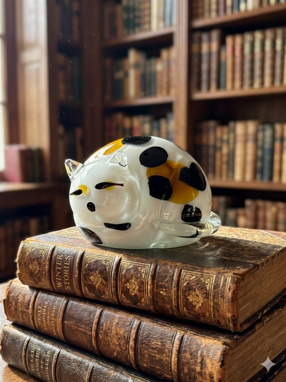 Vintage Hand-Blown Art Glass Sleeping Cat Calico Cat Paperweight Figurine